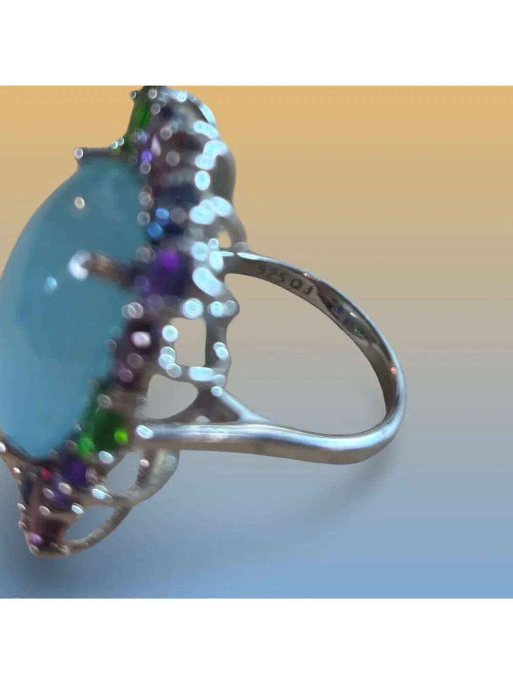 Multicolor Gemstone Sterling Silver Chalcedony Aqua Center Stone Statement Ring
